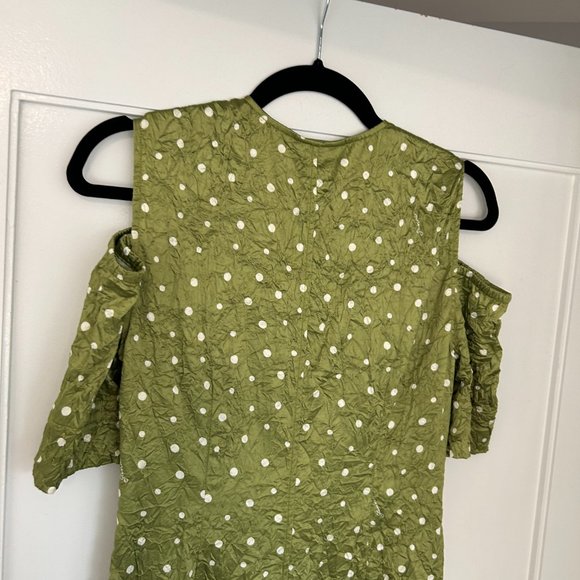 NWT Ganni Satin V-Neck Maxi Dress Sz 38 Going Green Cut-out Shoulder Front Slit - Picture 10 of 12